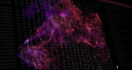 Swirling data particles forming nebula shapes over console interface, with hexadecimal code columns