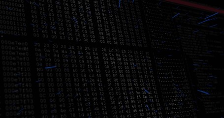 Streaming digital code display on monitor in virtual interface, with binary digits and hex values