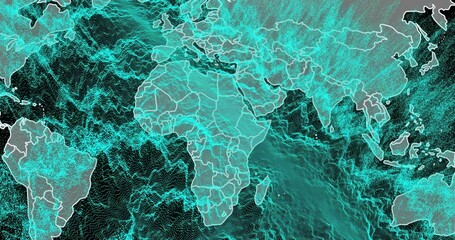 Showing outlined world map centered on Africa in display featuring grid borders and turquoise mesh
