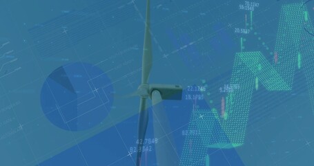 Displaying modern wind turbine in digital dashboard, with pie chart, candlestick and trend arrow