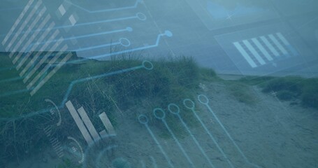 Displaying dune slope with circular HUD diagrams and grid overlays across coast with dune grasses