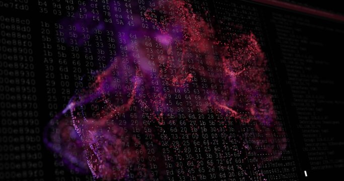 Naklejki Swirling data particles forming nebula shapes over console interface, with hexadecimal code columns