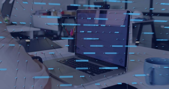 Displaying open laptop showing floating code on office desk, with mug pen holder papers smartphone - Powered by Adobe