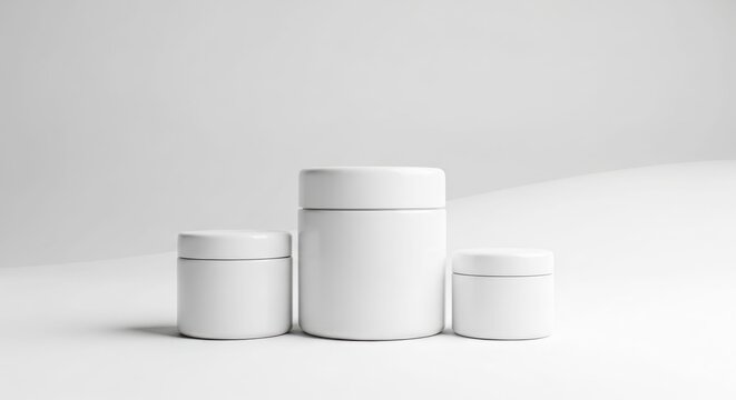 Three white cylindrical jars arranged on a white surface, minimalist design, product presentation.