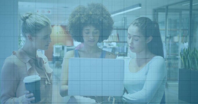Collaborating women analyzing data on laptop in office, with grid overlay and takeaway coffee cup