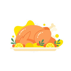 vector illustration of a whole roasted turkey on a platter garnished with lemon and herbs for a traditional Thanksgiving holiday feast.