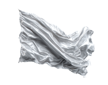 A large, flowing, white fabric, billowing in the air, against a plain black background.  The fabric's texture is smooth and lustrous, with soft folds and drapes