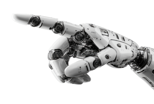 Detailed close-up of a white robotic hand, pointing.  Mechanical and complex internal workings are visible