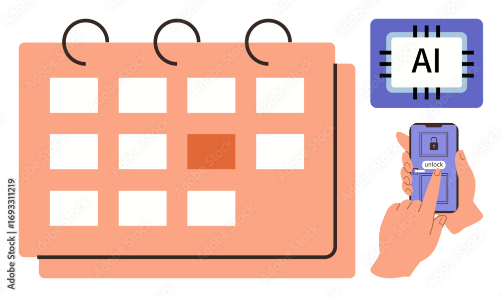Poster calendar with highlighted date, smartphone unlocking via fingerprint, and ai chip highlighting smart