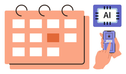 Calendar with highlighted date, smartphone unlocking via fingerprint, and AI chip highlighting smart technology. Ideal for time management, AI integration, scheduling, planning, tech innovation