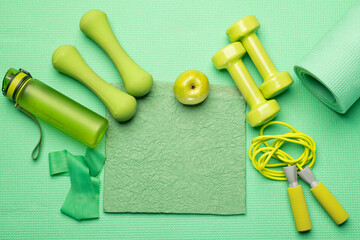 colored background with fitness accessories
