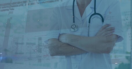 Standing lab coat doctor analyzing charts in clinical hallway, with stethoscope and data overlays
