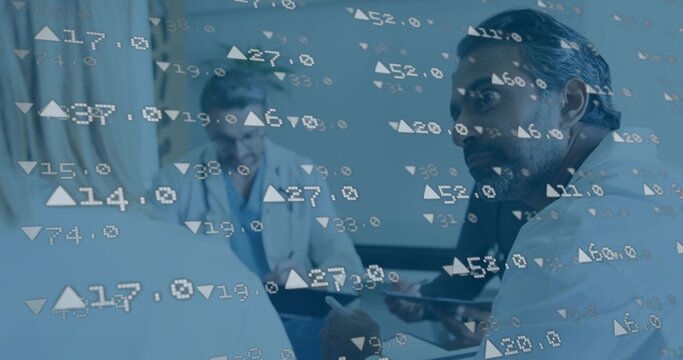 Collaborating medical team analyzing charts in conference room, tablet, digital overlay, copy space