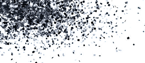 Abstract black and white confetti scattered, with irregular, organic shapes