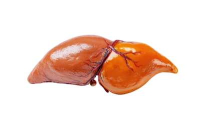 Detailed anatomical illustration of a human liver, highlighted with blood vessels
