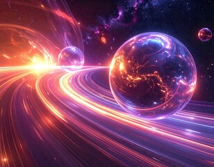 Obraz premium Close-up of Bright Yellow and Red Light Trails in Space