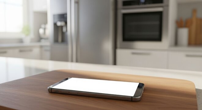 Modern kitchen interior with a smartphone on a wooden countertop.