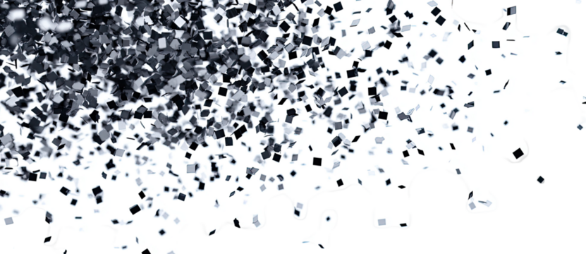 Abstract black and white confetti scattered, with irregular, organic shapes