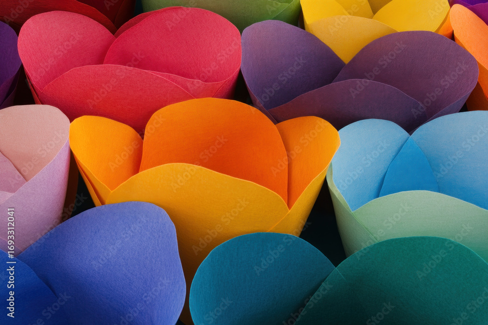 Poster colorful paper hearts form a vivid abstract cluster, soft textures and bright hues blending in a pla