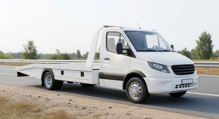 A white flatbed tow truck sits parked on the side of a road with trees and sky visible in the background.