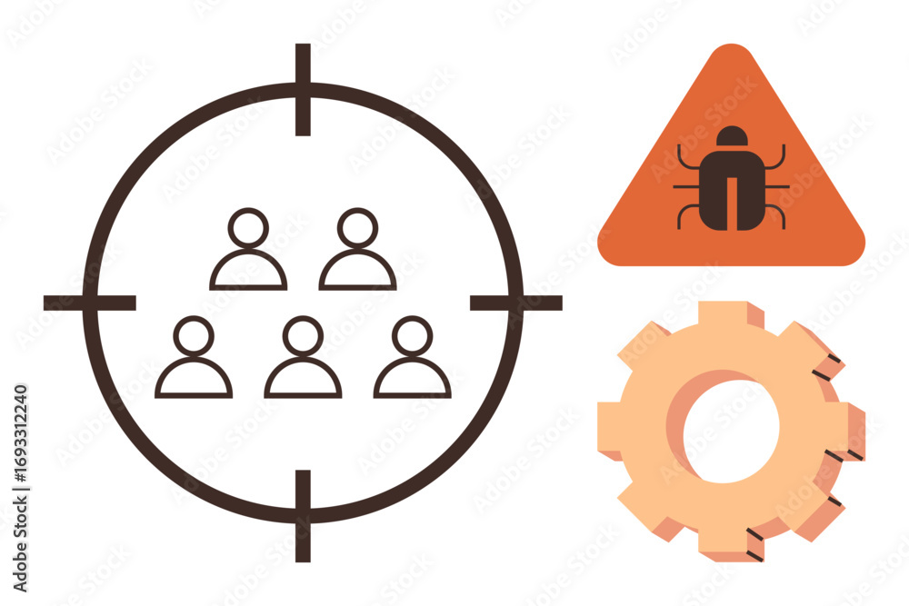 Aufkleber target on group of users, bug triangle warning sign, gearwheel symbolizing system mechanics and prob