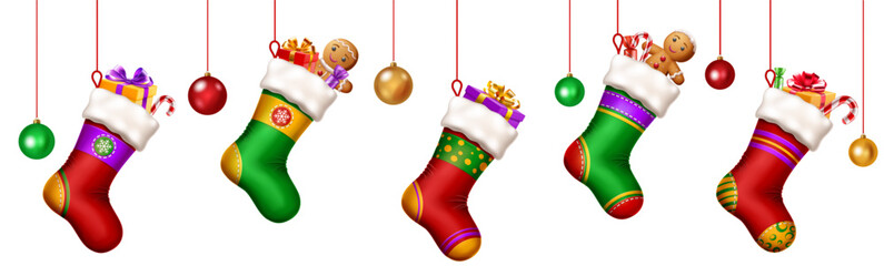 Christmas stockings hanging on a strings filled with candy canes, gingerbread men, balls, and gift boxes. Each stocking is uniquely designed with vibrant colors and patterns.