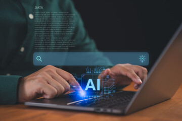 User using laptop computer with AI search bar. Technology concept of artificial intelligence in daily life, social media, big data analysis and smart technology innovation for digital solutions.