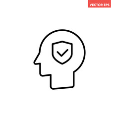 Single black head with shield line icon, simple mental health flat design vector pictogram, infographic interface elements for app logo web button ui ux isolated on white background