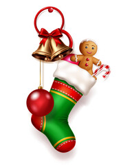 A colorful Christmas stocking filled with a gingerbread man, candy cane, golden bells, and a red ornament, with soft shadow on white background.