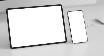 Modern tablet and smartphone mockup on a white surface, displaying blank screens.