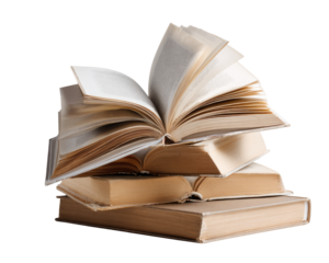 Stack of open books, cream colored pages
