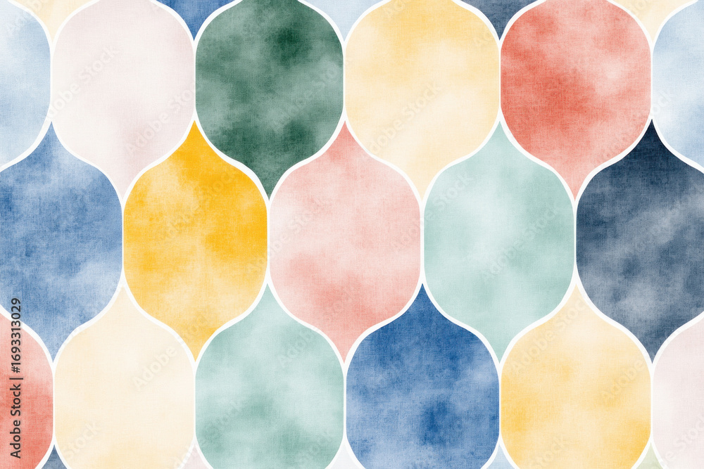 Poster abstract watercolor pattern with repetitive pastel teardrop shapes forming a seamless grid; soft tex