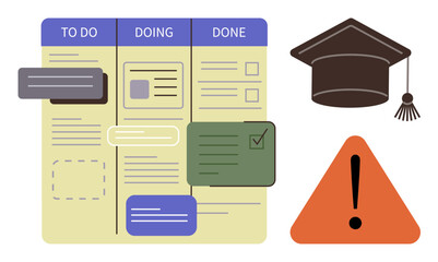 Task planning board with To Do, Doing, Done sections, academic cap, and caution sign. Ideal for education, time management, caution organization learning productivity goal-setting. Simple flat © robu_s