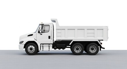 A white dump truck is shown in a side view against a neutral background, highlighting its design and construction.