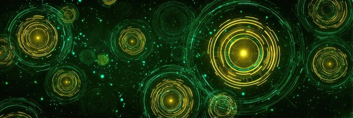 Abstract digital art with concentric circles in deep green and bright yellow-gold