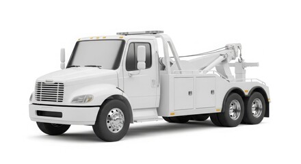 A pristine white tow truck, showcasing its mechanical features, isolated on a clean white background.