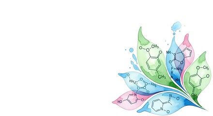 Watercolor illustration of a chemical structure design resembling leaves and water drops for science and nature concepts
