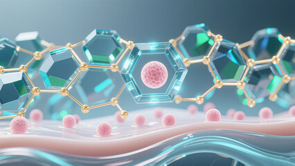 The crystal molecular structure and pink sphere act on the skin, promoting the concept of technological repair and molecular level nourishment for beauty care products.
