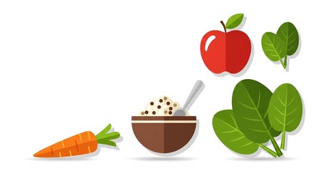 A collection of healthy food icons representing a balanced diet with fresh fruit, vegetables, and grains, illustrated in a modern flat style