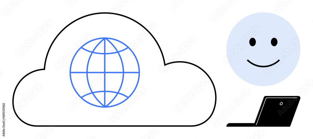 Aufkleber cloud with a globe for global reach, smiling face for user satisfaction, laptop for technology usage