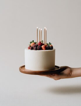 Birthday cake on wooden platter