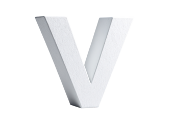 A bold, uppercase, white letter "V".  3D rendered, with a textured,  faceted surface