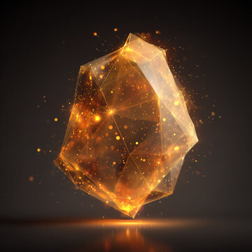 Glowing Polygonal Gold Crystal on Dark Background.