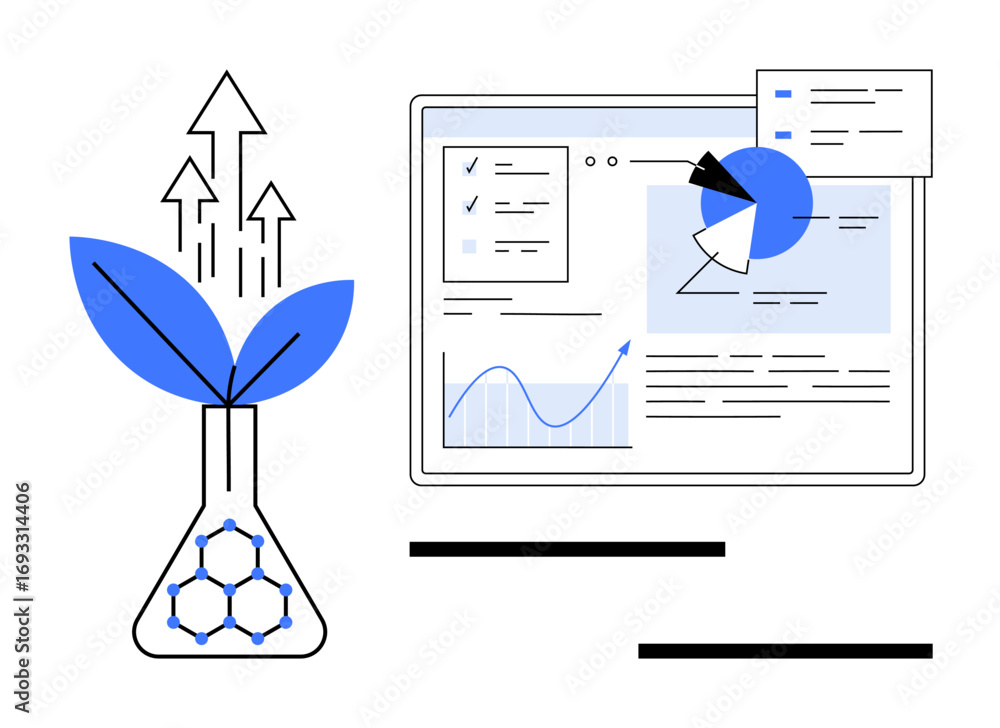 Poster plant in flask symbolizing eco-growth, arrows for progress, screen with graphs and charts for analyt