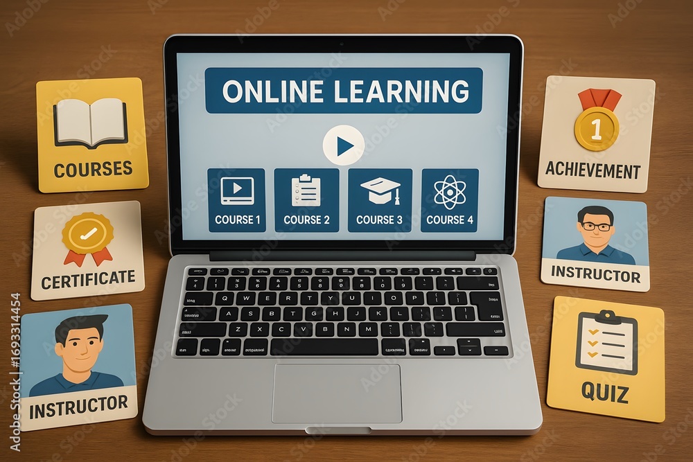 Poster laptop displaying online learning with educational icons surrounding it.