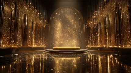 Golden stage glitter with spotlights on opening concept. An elegant golden hall with sparkling lights and reflective surfaces.