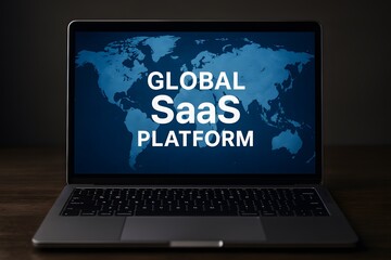 Laptop display showcasing a global SaaS platform. 