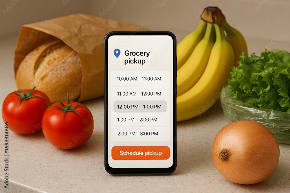 Poster a smartphone displaying a grocery pickup app surrounded by fresh produce.