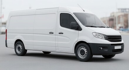 A white delivery van is parked outdoors on a grey surface, with a building visible in the background.