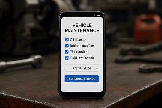 Smart phone displaying vehicle maintenance schedule on a workshop table. 